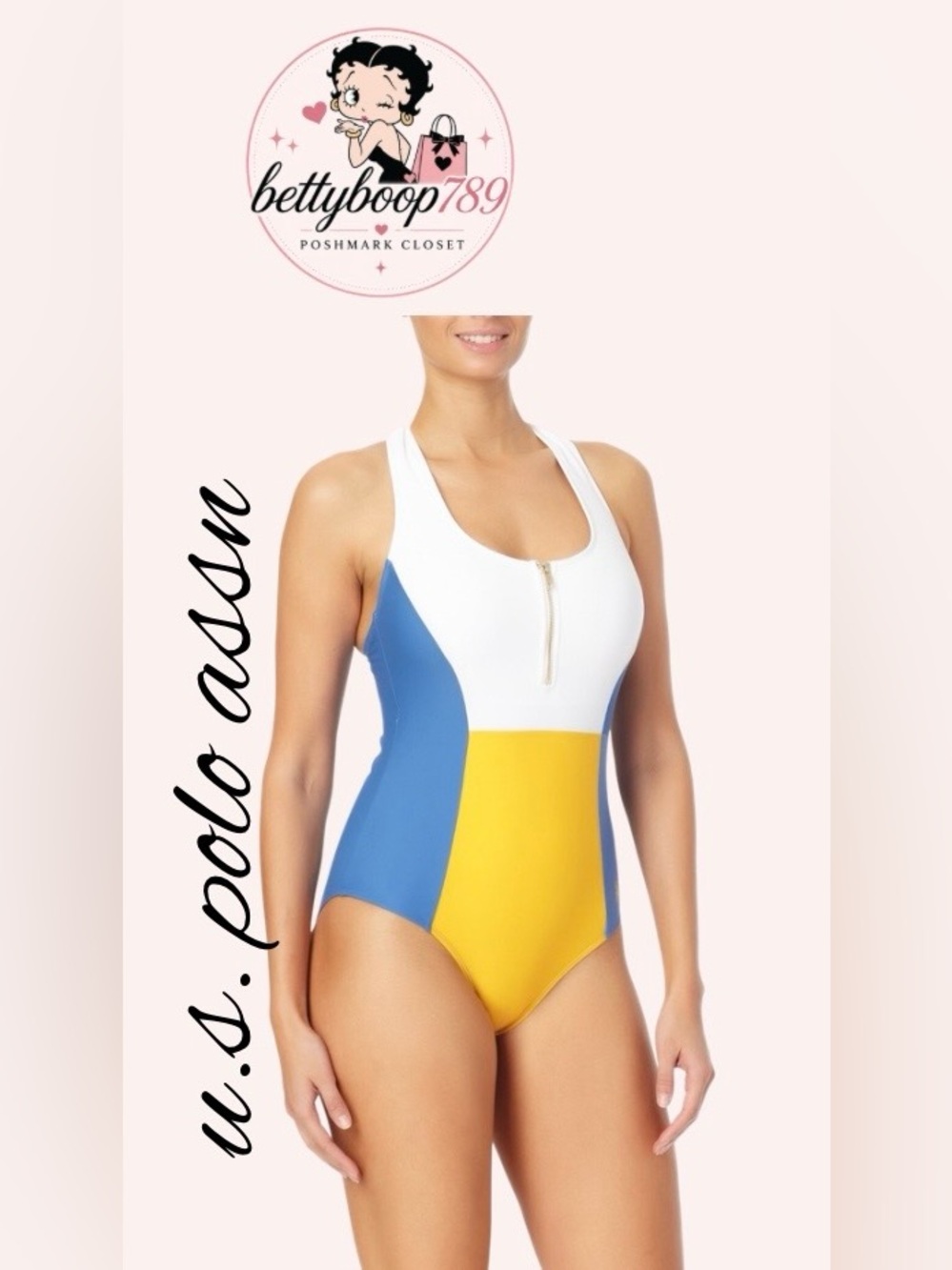U.S. Polo Assn. White, Blue & Yellow Colorblock Zip-Front One-Piece